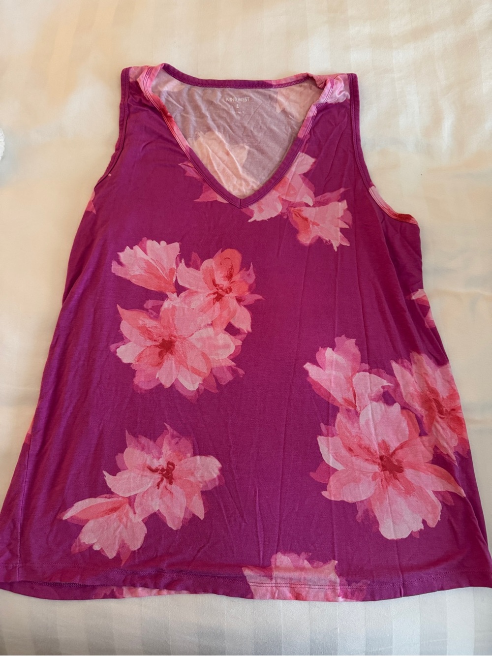 Nine West Purple Floral V-Neck Tank with Pink Blooms
